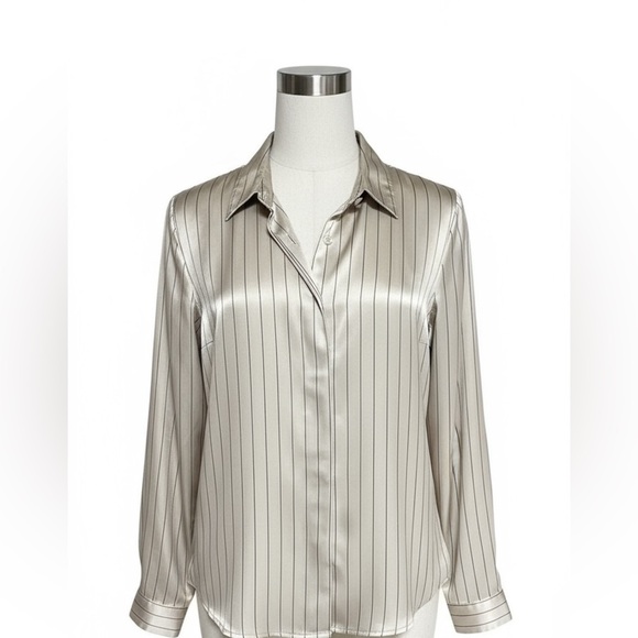 satin pin stripe button up blouse in champagne beige size 14 by Yves St. Clair - Picture 1 of 8